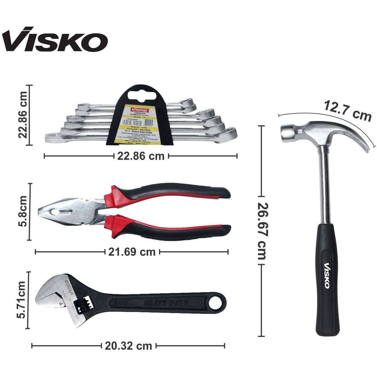 Visko 814 Hand Tools Combo With Plier | Wrench | Hammer | Spanner | Hand Tool Kit 4 Tools