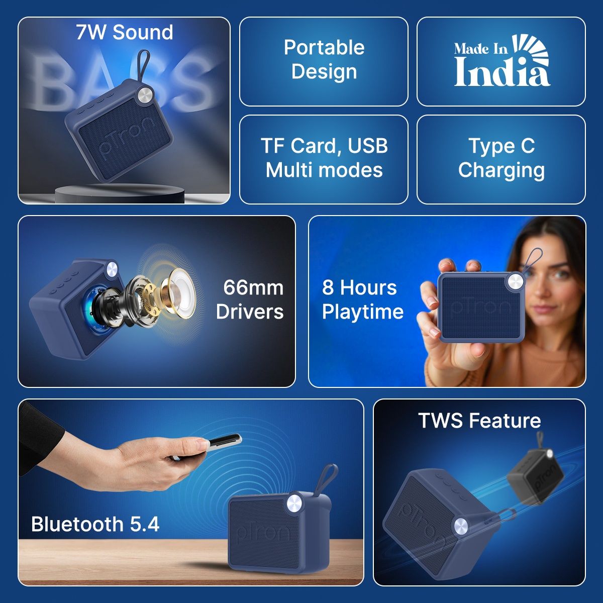pTron Musicbot Pop V2 7W Mini Bluetooth Speaker with Pristine Sound & 8 Hours Playtime | Blue