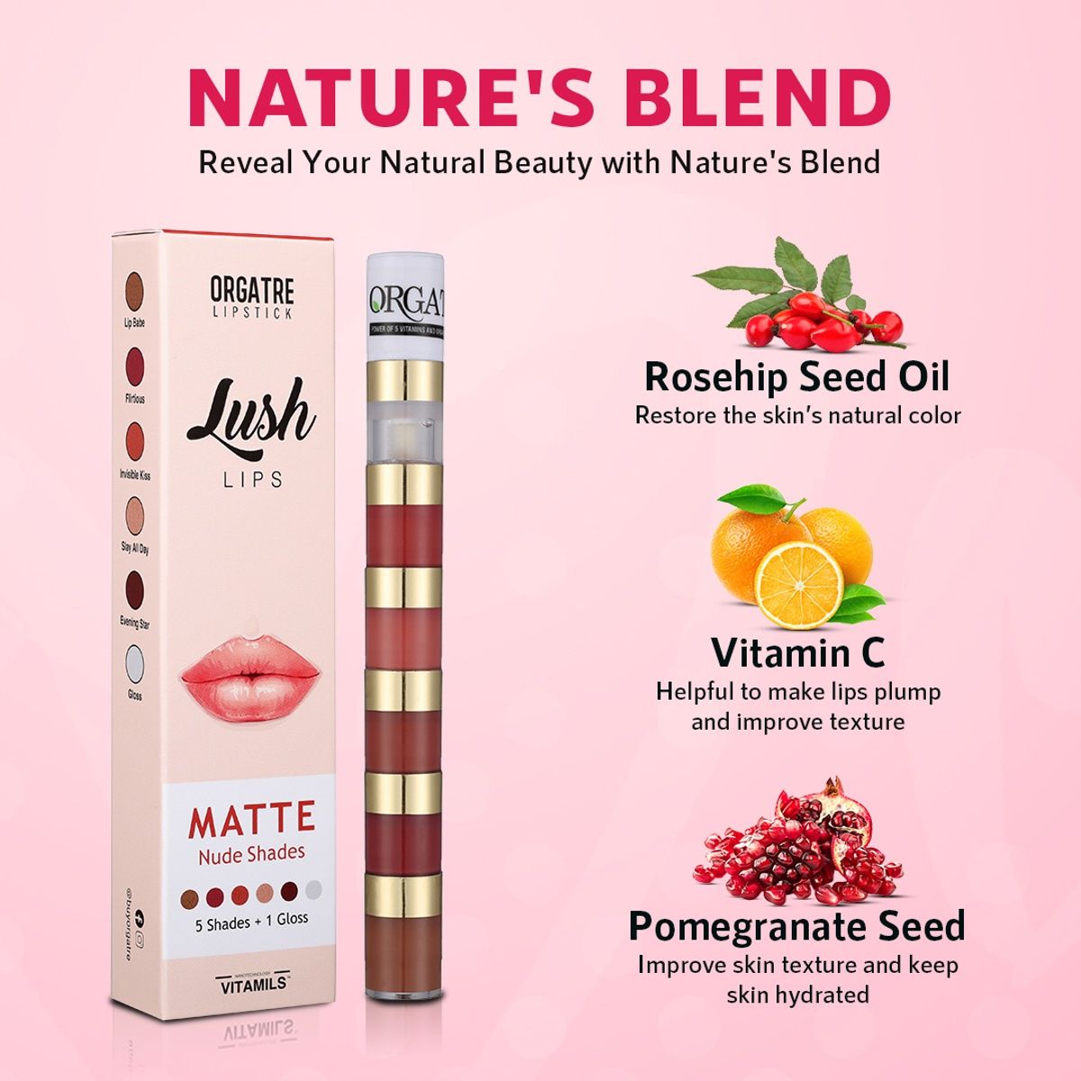 Orgatre Lush Lips 5 In 1 Matte Nude Lipstick With Gloss