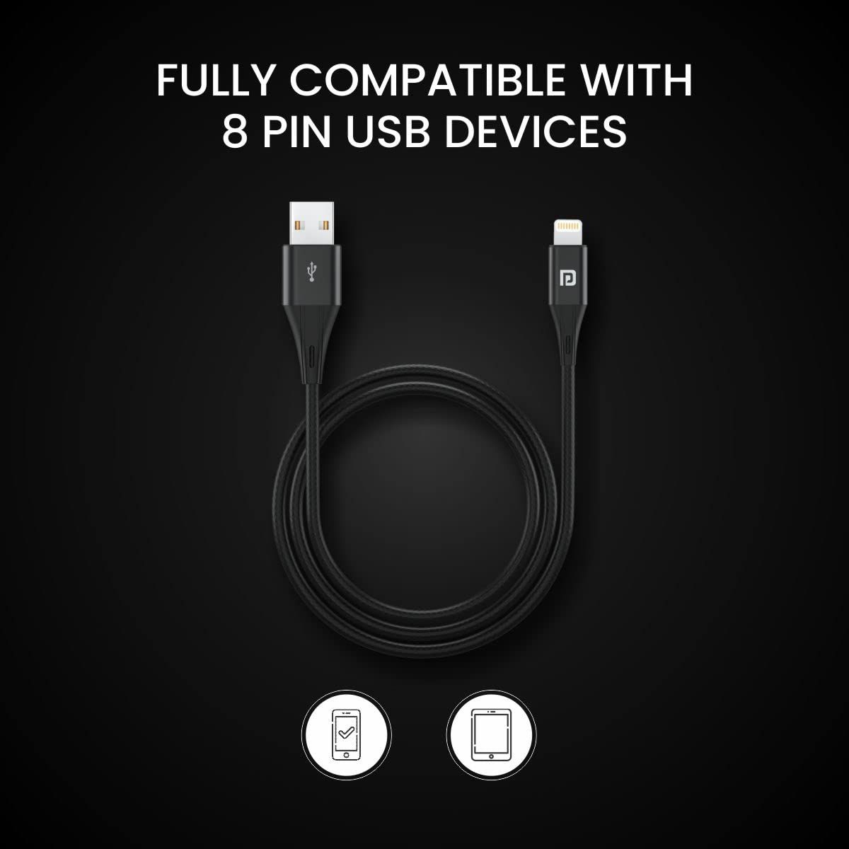 Portronics Konnect X USB to 8 Pin/Lightning Fast Charging Cable with 3A Output,Data Sync,Nylon Braided,Aluminium Alloy Shell,Compatible With iPhone 14,13,12,11,X, 8 Pro/Pro Max Series,iPad(Black)