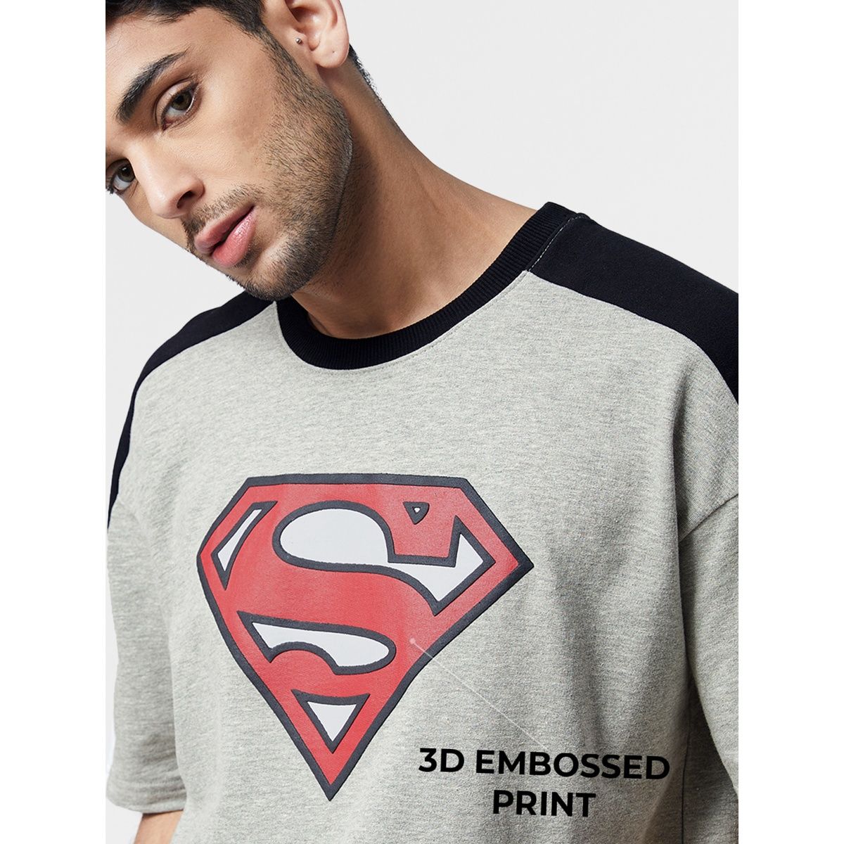 The Souled Store Men's Superman Logo (3D) Oversized T-shirt | Grey - M