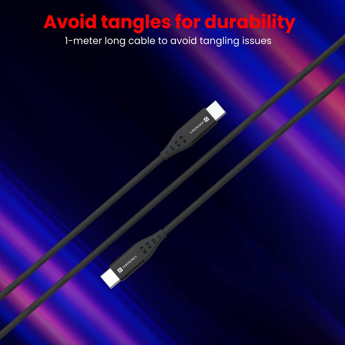 Portronics Konnect C1 TYpe-C To Type-C Data and Charging Cable - Black | 1.2 m | Super Flexible and Tangle-Free