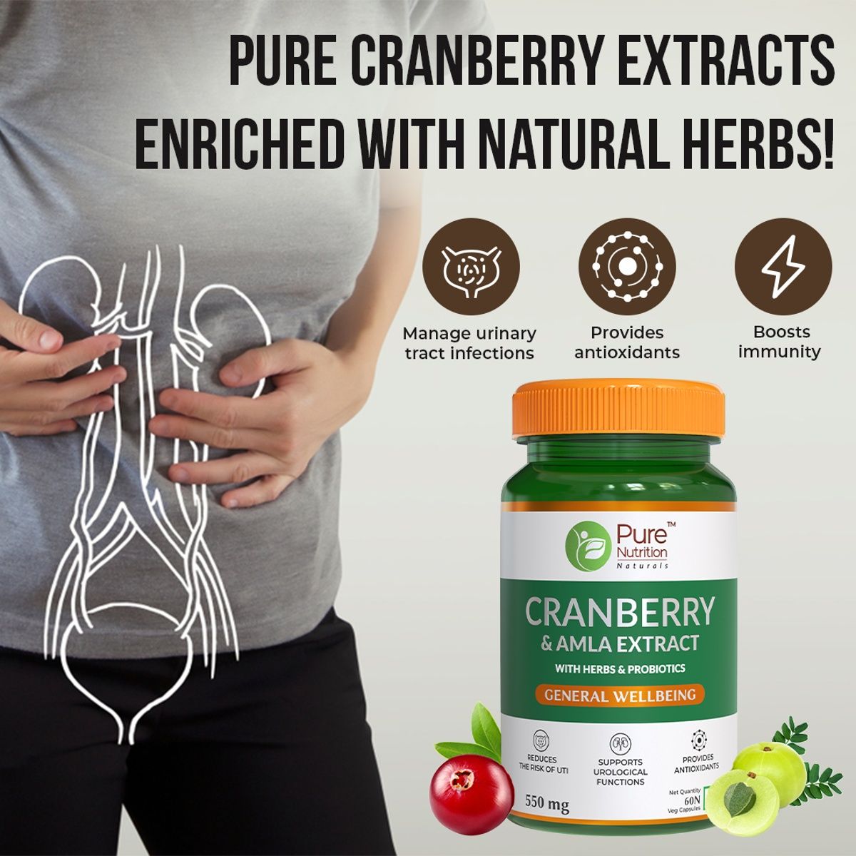 Pure Nutrition Cranberry & Amla Extract with 3B CFU Probiotics - UTI Health - 60 VEG Caps