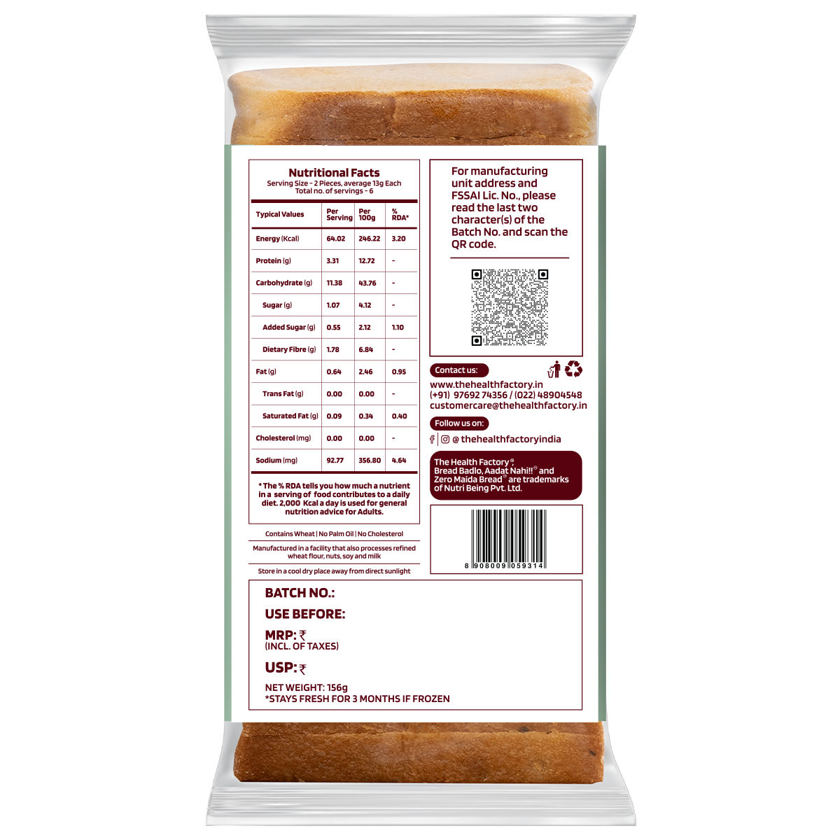 The Health Factory Zero Maida Garlic Bread | Clean Label - Not Brown