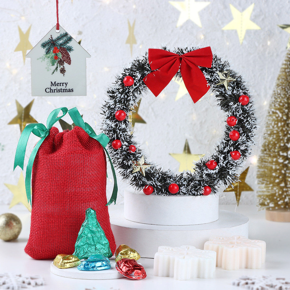 FNP Gift Ensemble | Box of Joy + Wreath + 2 candle + 1 Potli with chocolate + tabletop)