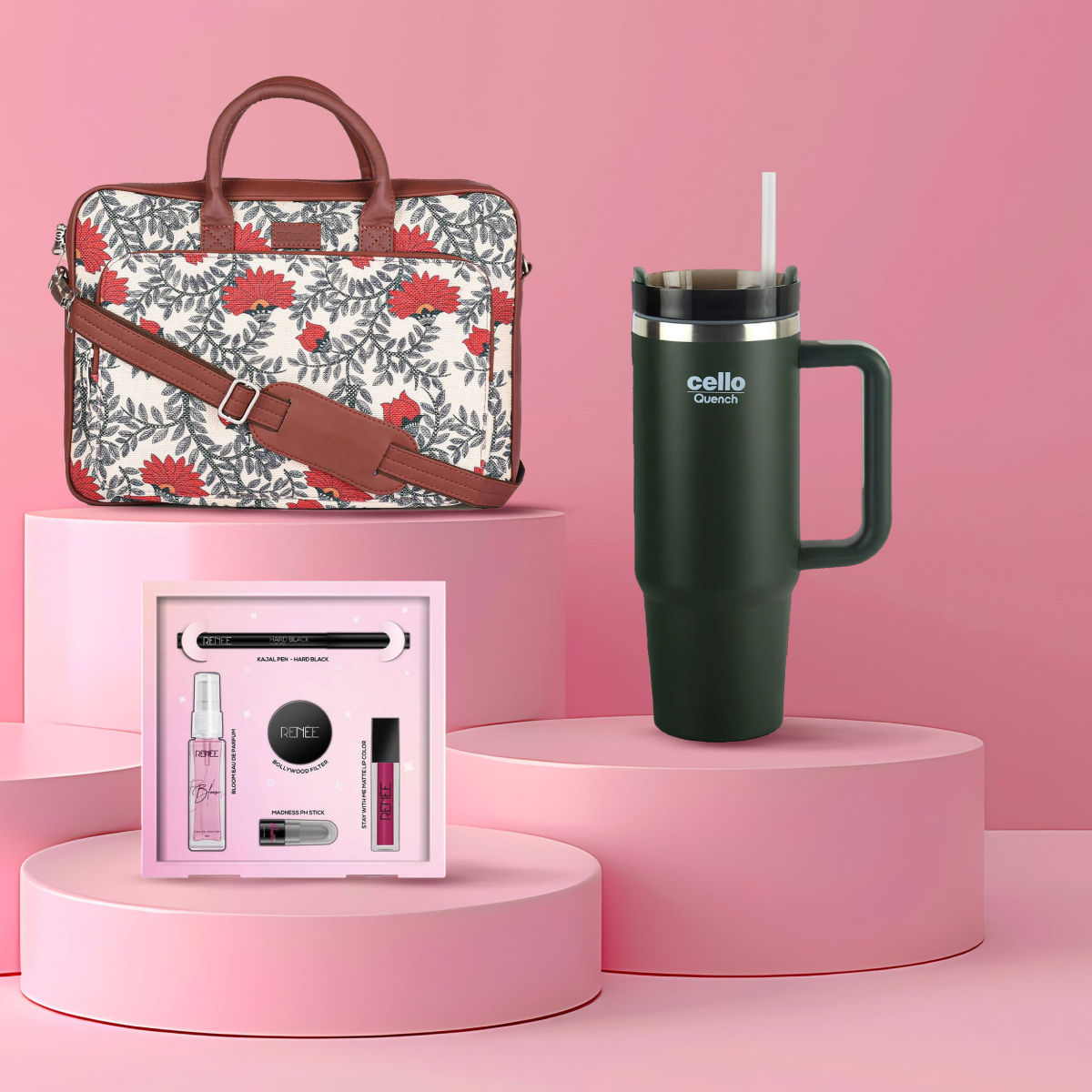 Zouk Nawabi Couture Laptop Bag(1pc), Cello Quench Stainless Steel Insulated Tumbler with Lid & Straw, 900ml, Assorted(1pc) & Renee Dream Kit Mini(5pc) Combo
