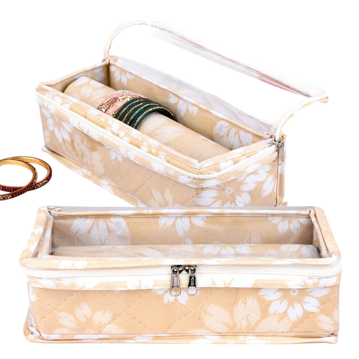 Kuber Industries Flower Single-Rod Top Visible Window Bangle Box for Woman|Pack of 2|Golden
