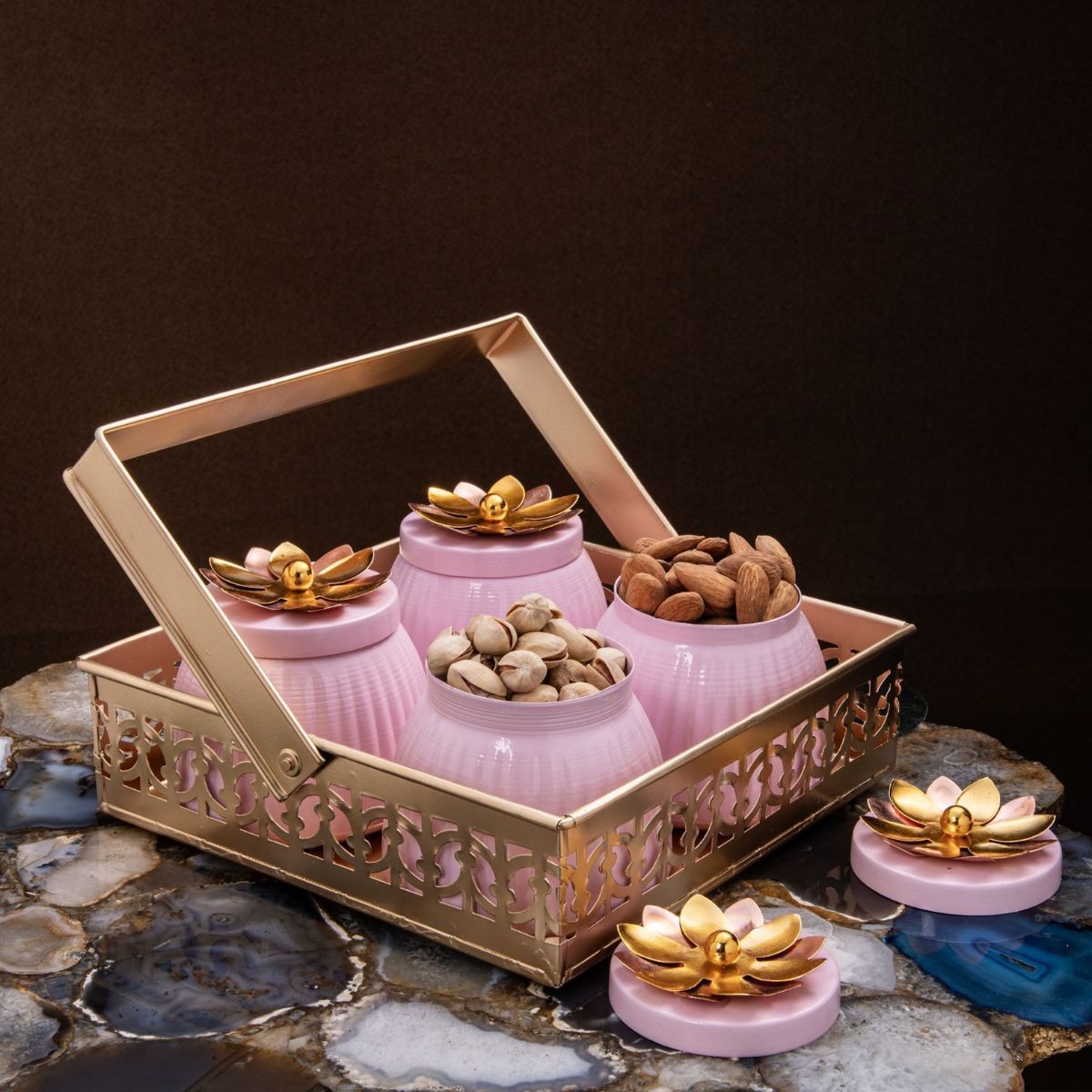 Gibox Metal Designer Set Of 4 Dry Fruit Jar With Tray