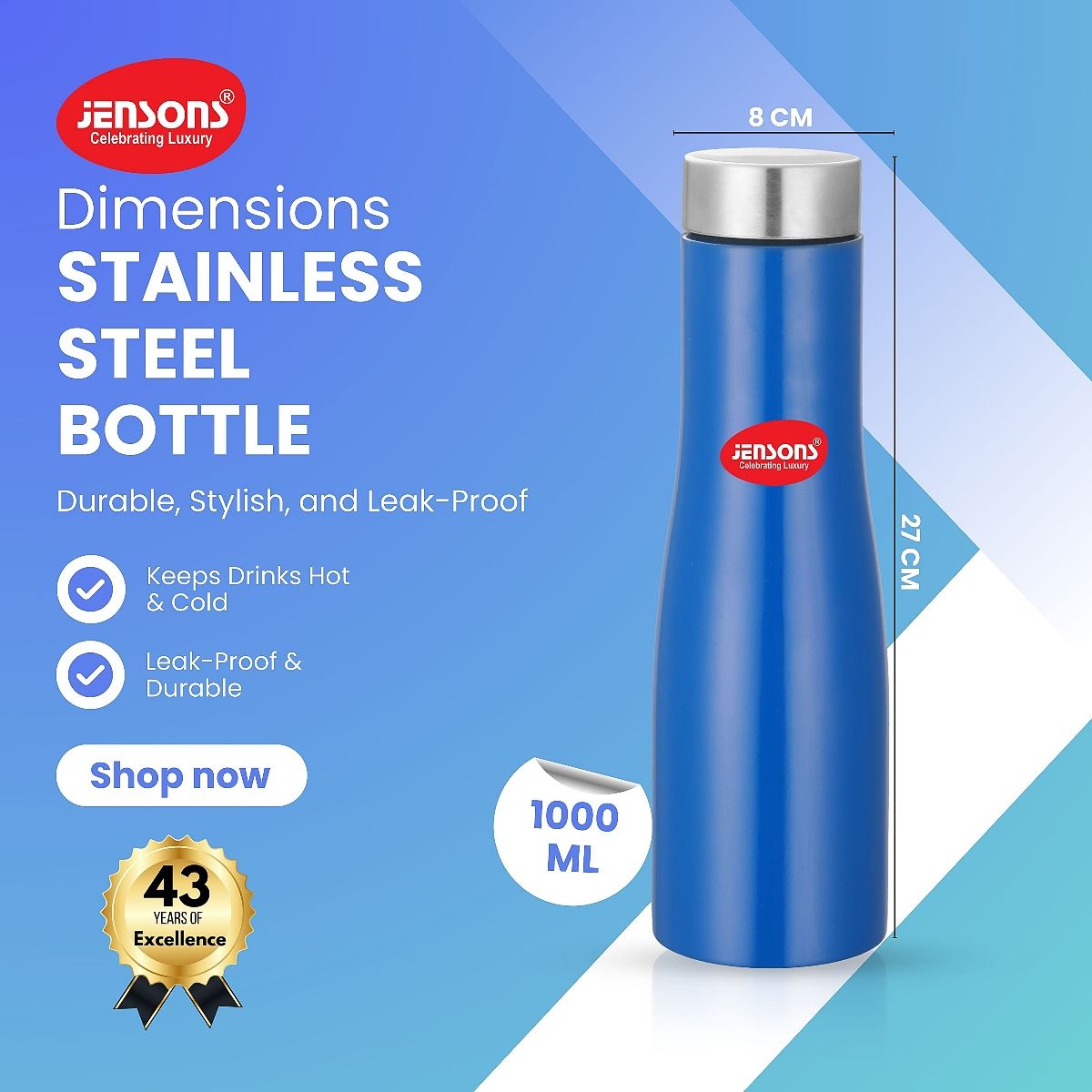 Jensons Stainless Steel Single Wall Flora 1 Bottle Liter | Blue - 1 L