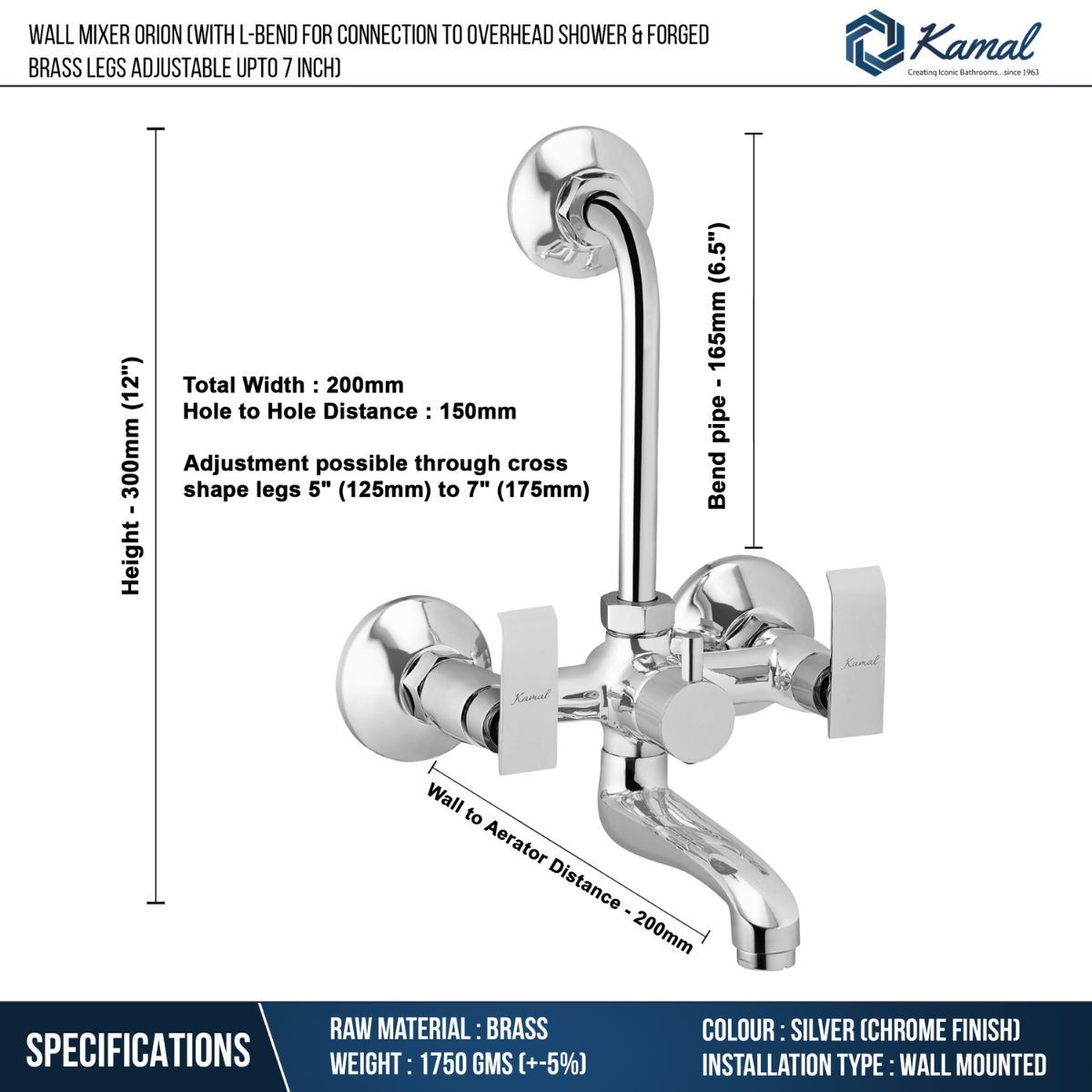 Kamal Wall Mixer - Orion | With L-Bend | Hot - Cold Shower Mixer| Sturdy Brass Build | Easy To Use