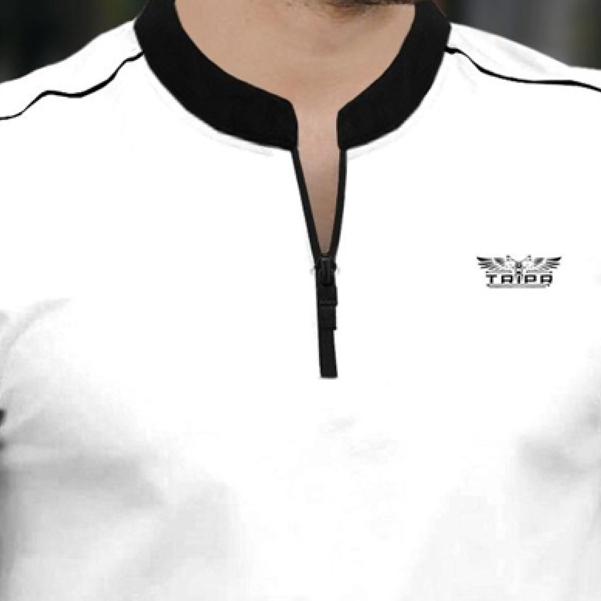 TRIPR Men Cotton Blend Mandarin Collar T-shirt | White and Black - 2XL