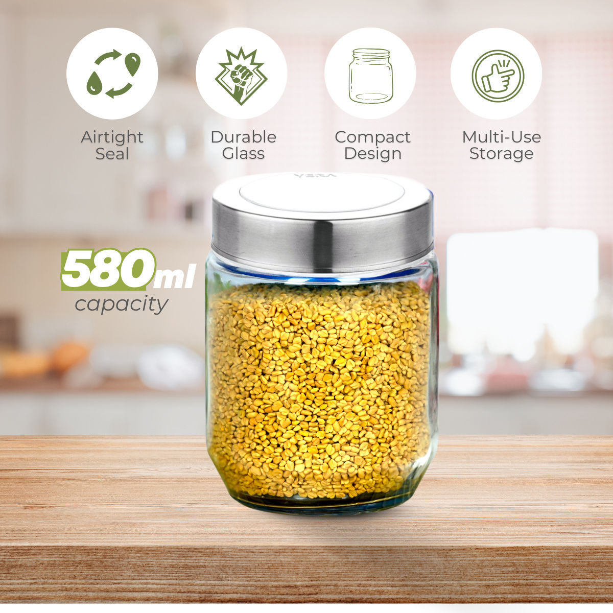 Yera Premium Round Glass Jar With Steel See - Thorugh Lids 2 pcs Jar Set 580 ml (Each)