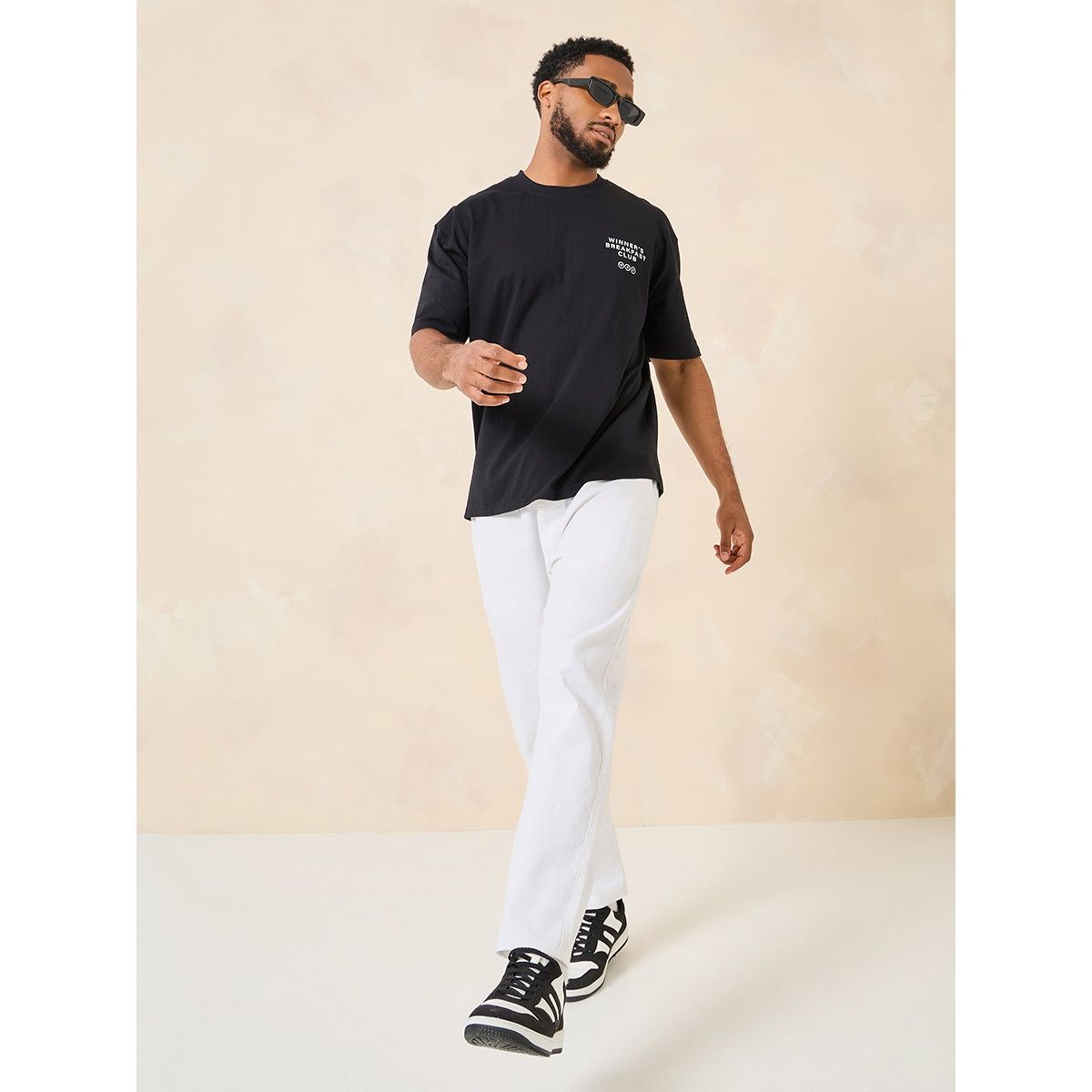 Styli Men's Oversized Fit Tee with Breakfast Graphic in Compact Cotton Jersey | Black - S