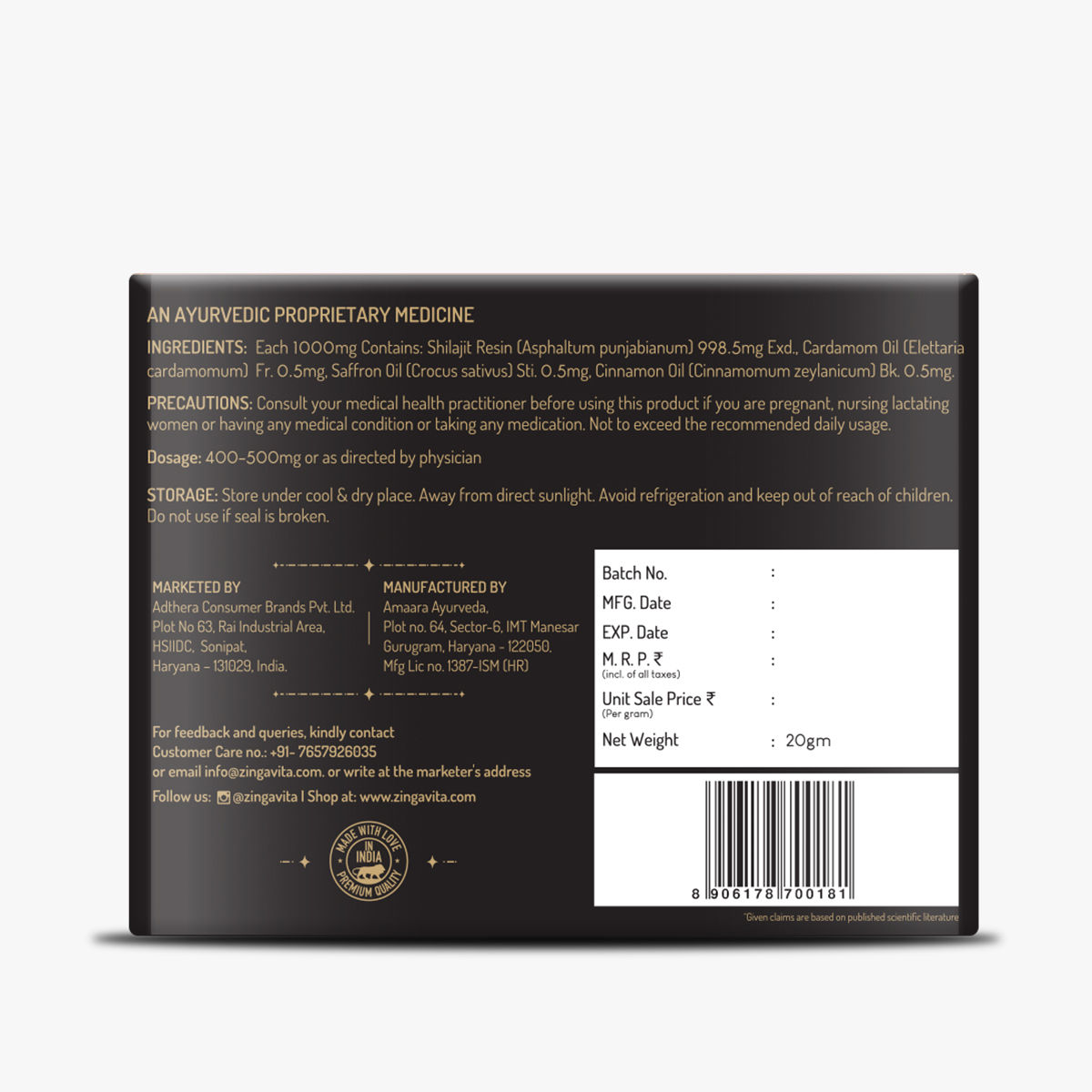 Zingavita Activated Shilajit Resin 60 Servings | 100% Pure | Boosts Performance, Power & Stamina