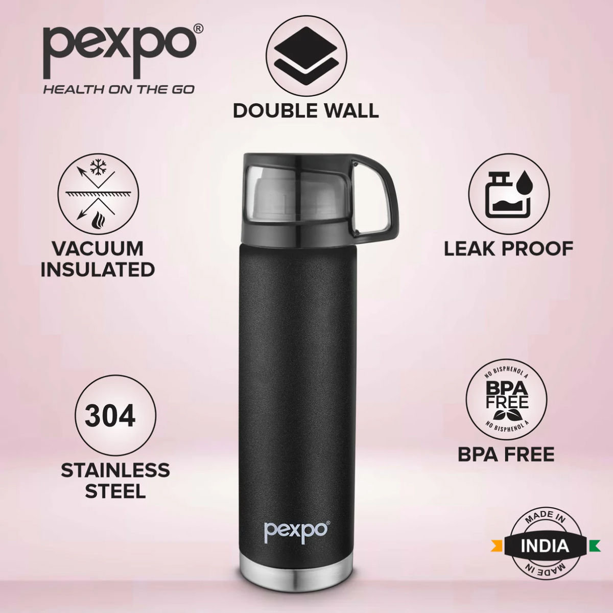 Pexpo Vacuum Insulated Water Bottle With Jute-Bag 24 Hrs Hot And Cold Fererro Flask - 1 L