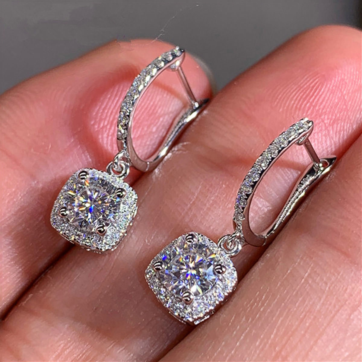 Designs & You Silver Plated Ad Studded Rectangular Crushed Ice Cut Drop Earrings (1 Pack Earrings)