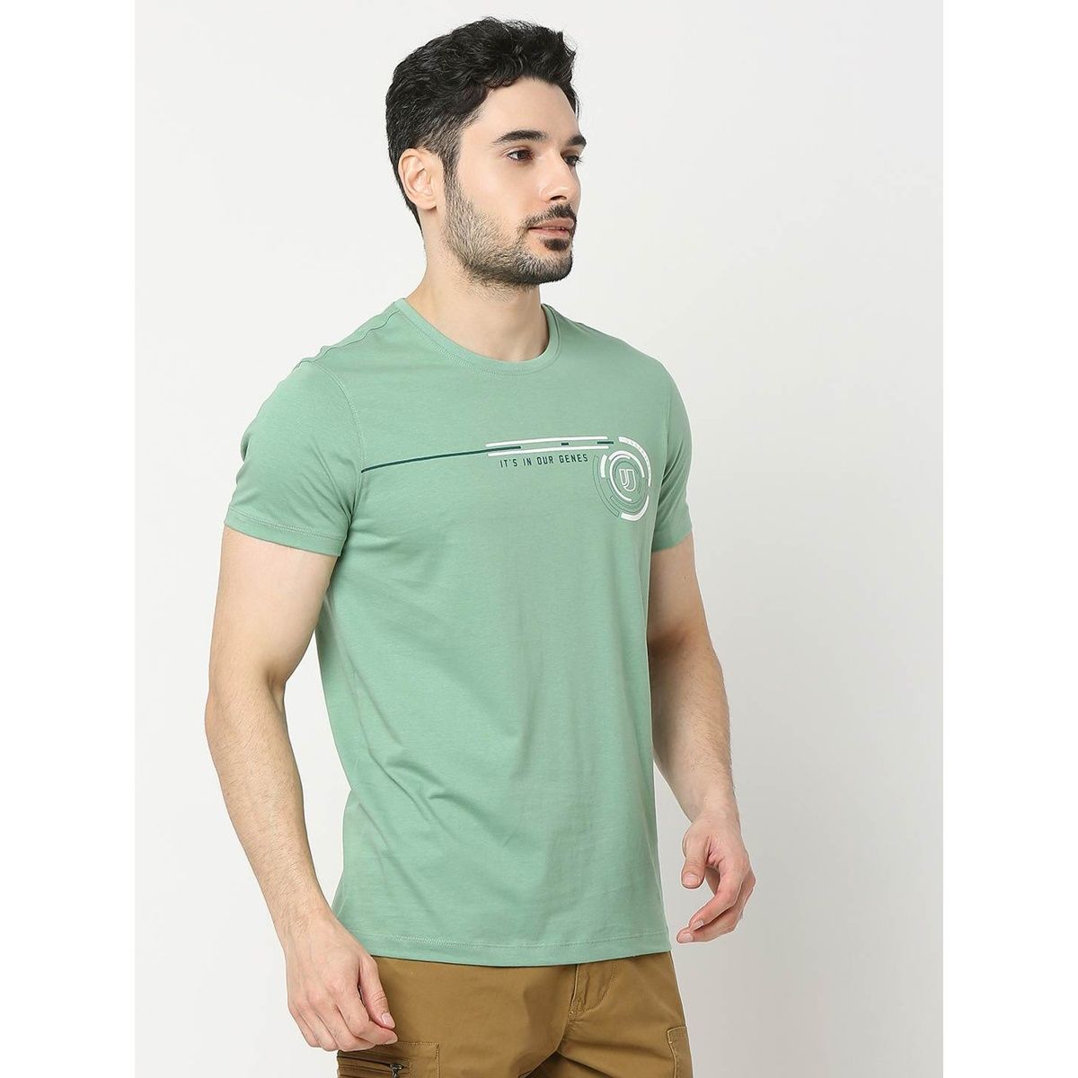 Underjeans by Spykar Men Pure Cotton T-shirt | Sage Green - S