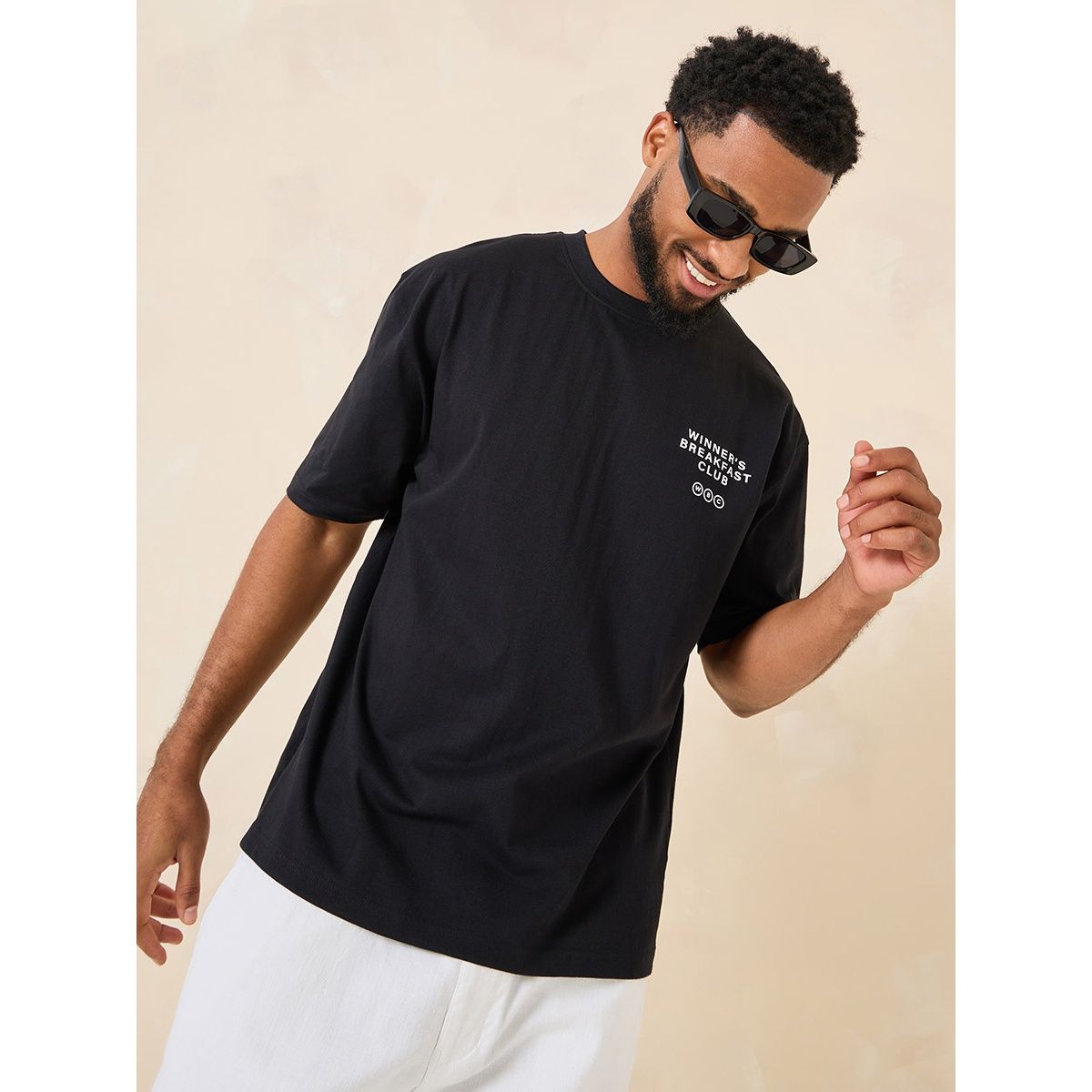 Styli Men's Oversized Fit Tee with Breakfast Graphic in Compact Cotton Jersey | Black - S