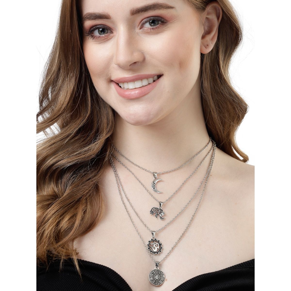 Scintillare By Sukkhi Multistyle 4 Layered Rhodium Plated Silver Oxidised Pendant Necklace