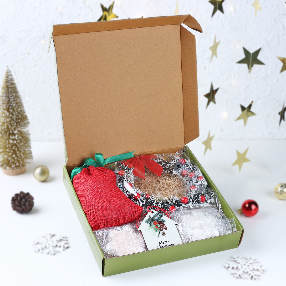FNP Gift Ensemble | Box of Joy + Wreath + 2 candle + 1 Potli with chocolate + tabletop)