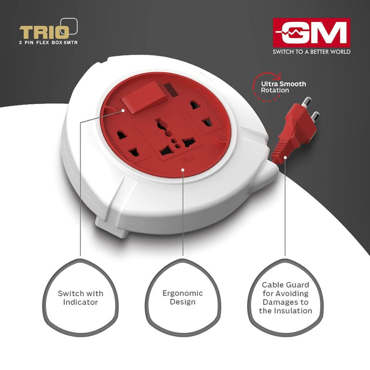 GM 3041 Trio 2 Pin Flex Box 5 Mtr. with Indicator & International Socket