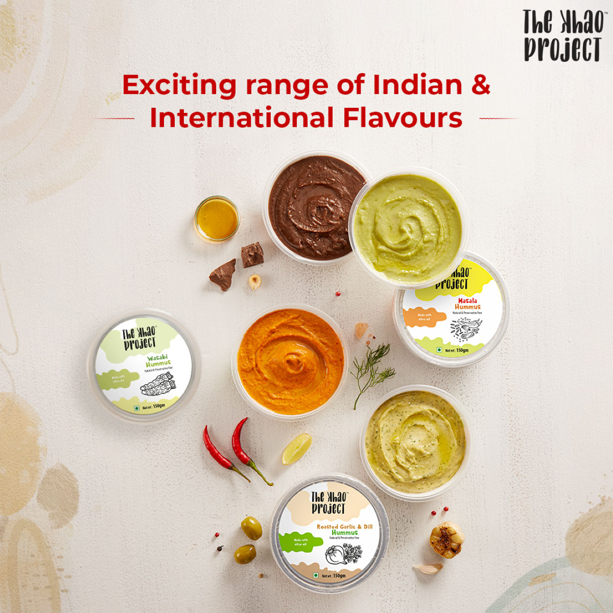 The Khao Project Roasted Garlic & Dill Hummus(150gms) & The Khao Project Roasted Red Pepper Hummus(150gms) Combo