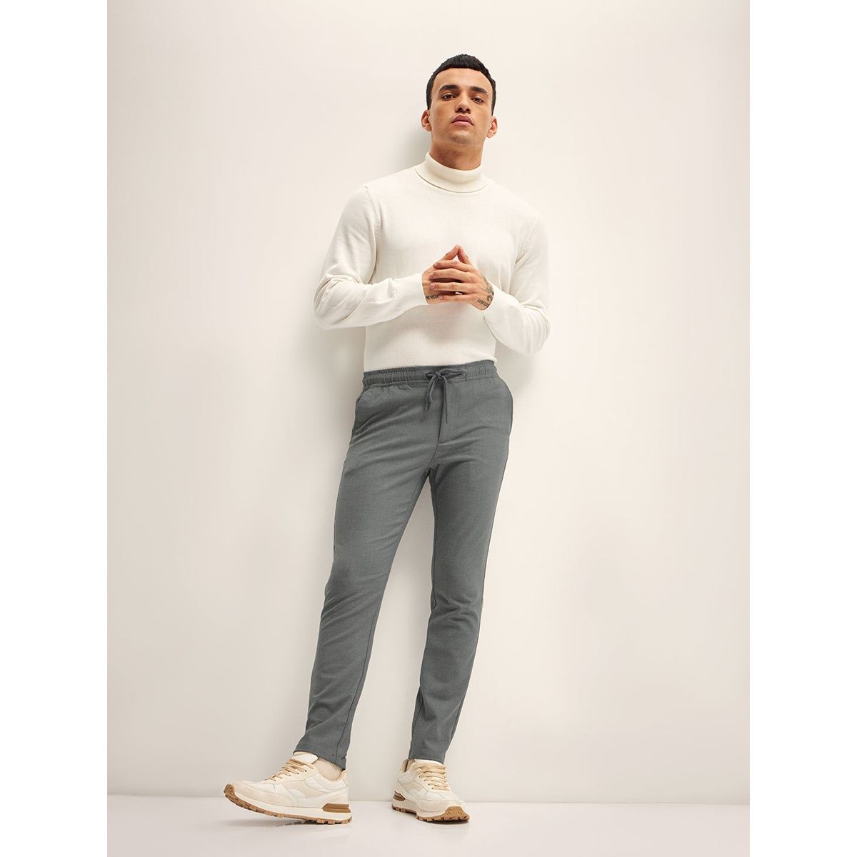 The Bear House Men 4 Way Stretch Solid Formal Trouser - Fueng | Grey | 38