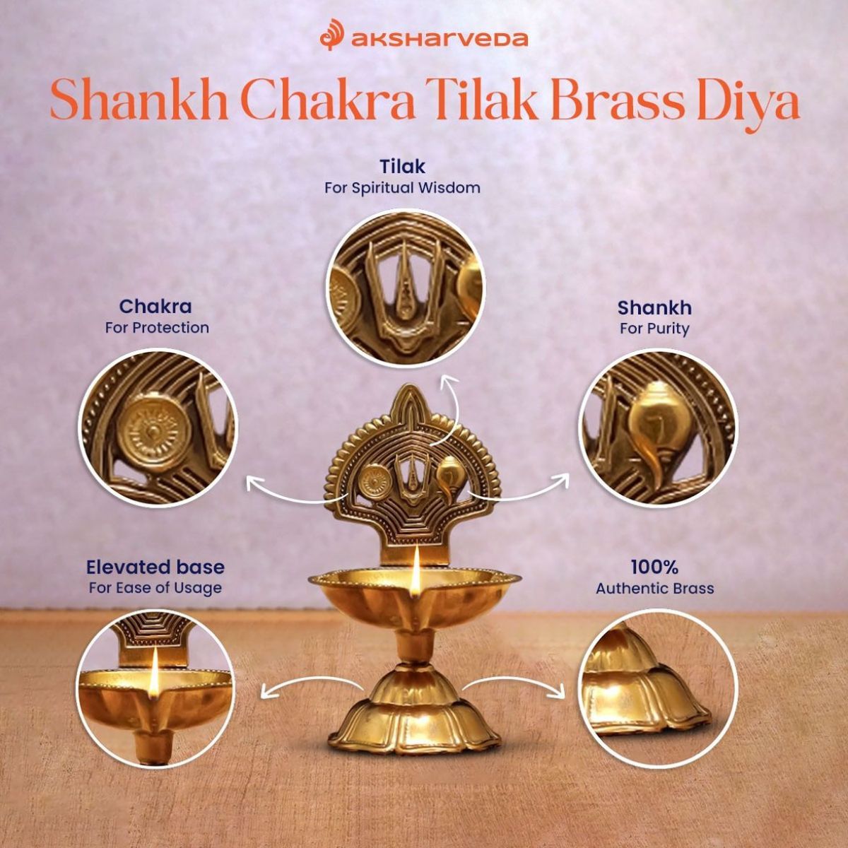 Aksharveda Shankh Chakra Tilak Brass Diya