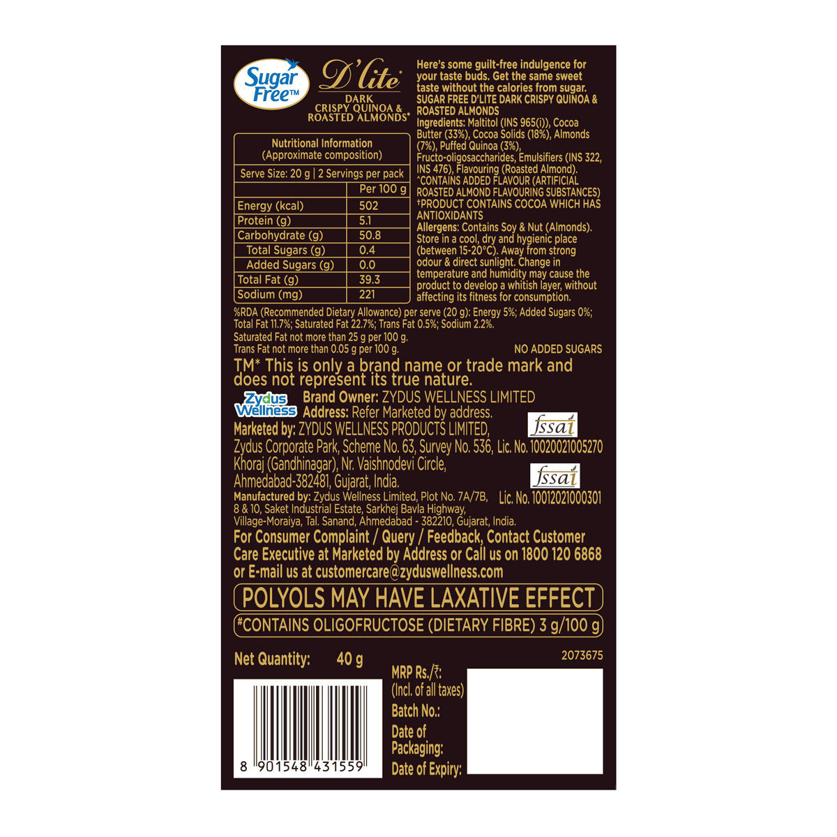 Sugar Free D'lite Quinoa & Almonds Dark Chocolate Bar 40 g Combo