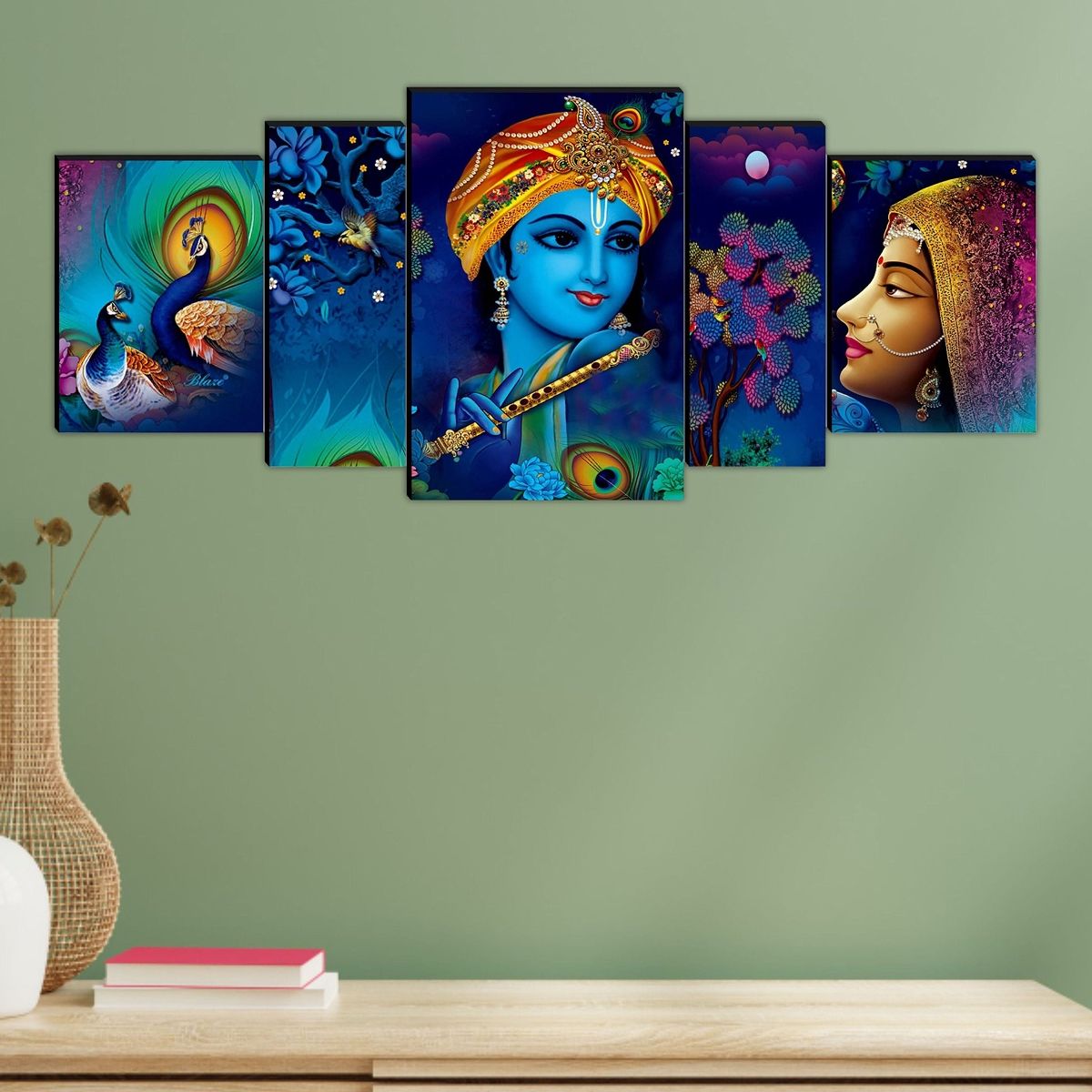 Saf Radha Krishna Large Set Of 5 Digital Reprint 18 Inch X 42 Inch Painting Without Frame,Pack Of 5