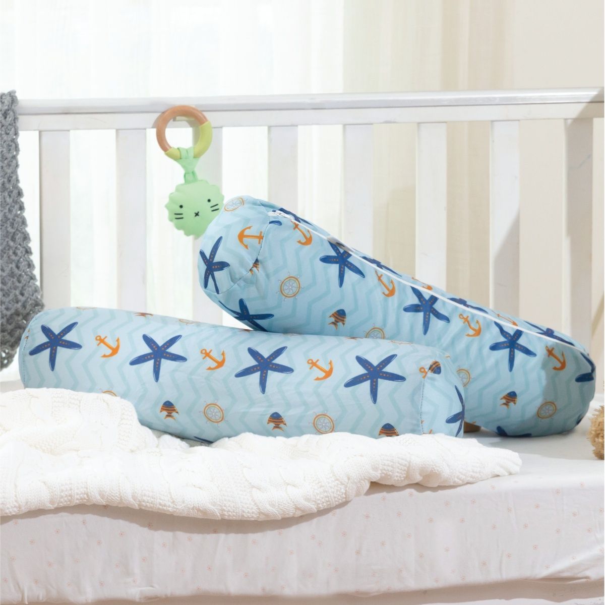 The White Willow Baby Round Bolster Pillow | Memory Foam | Side Support for Newborns - Blue