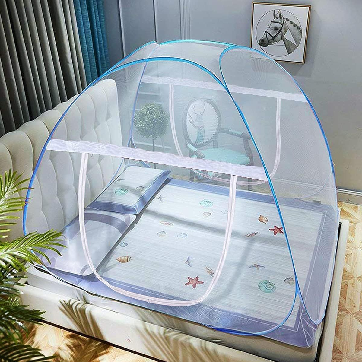 Bonkaso Foldable King Size Mosquito Net Bed With Free Storage Bag 6.5 X 6.5 Feet - Blue
