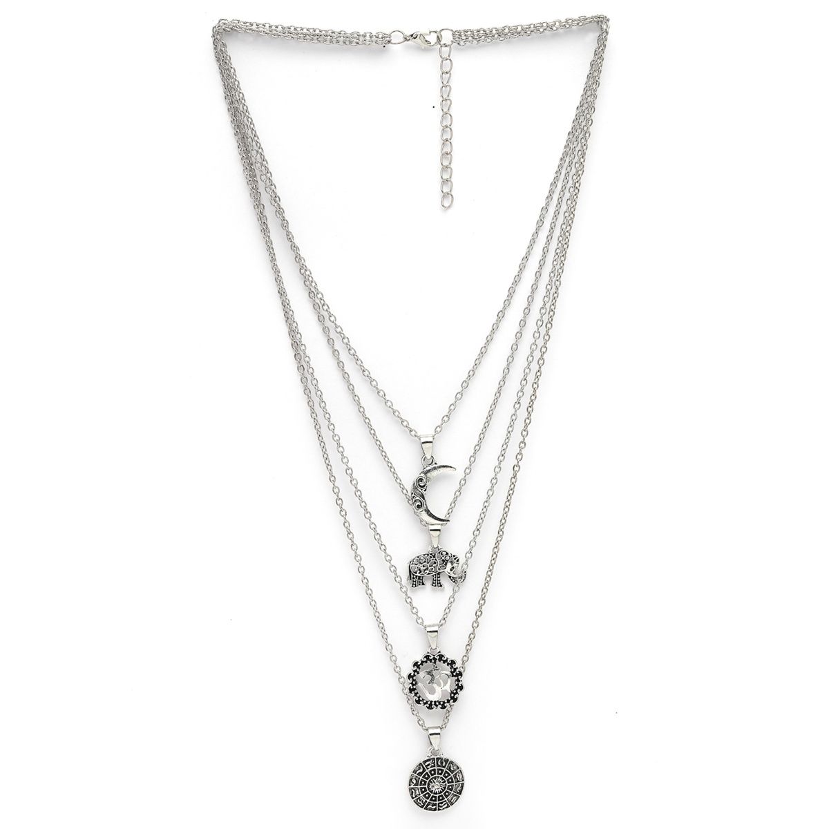 Scintillare By Sukkhi Multistyle 4 Layered Rhodium Plated Silver Oxidised Pendant Necklace