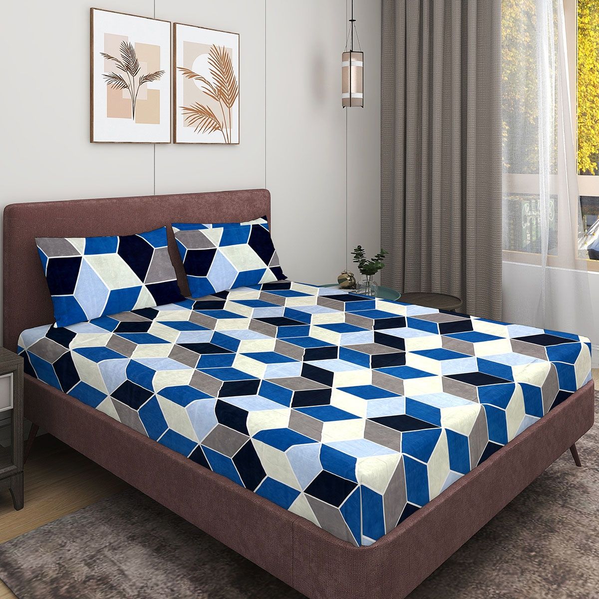 Romee Blue 3D Print Cotton Double Bedsheet with 2 Pillow Covers