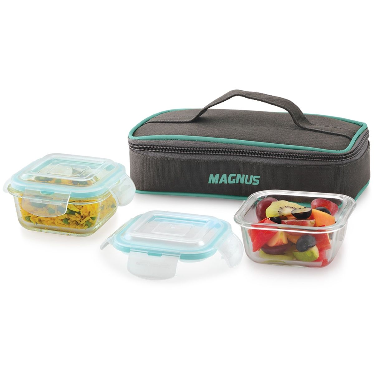 Magnus Vivid Solid Lunch Box With Bag, 2pc Square Containers (320 ml Each), Borosilicate Glass Tiffin