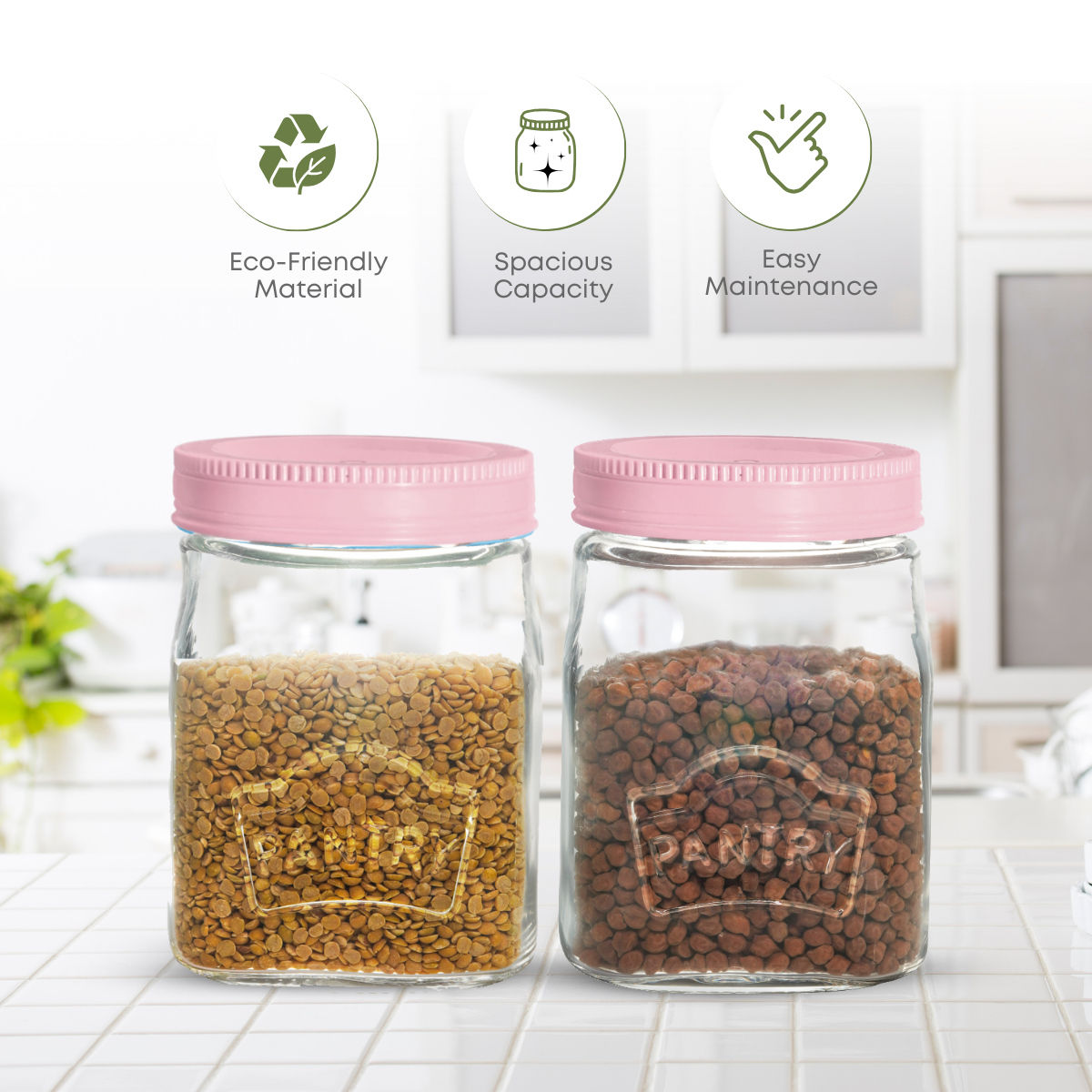 Yera Pantry Storage Jars With Premium Airlitght Lids 1500 ml 1 pcs Jar - With Pink Colored Lids