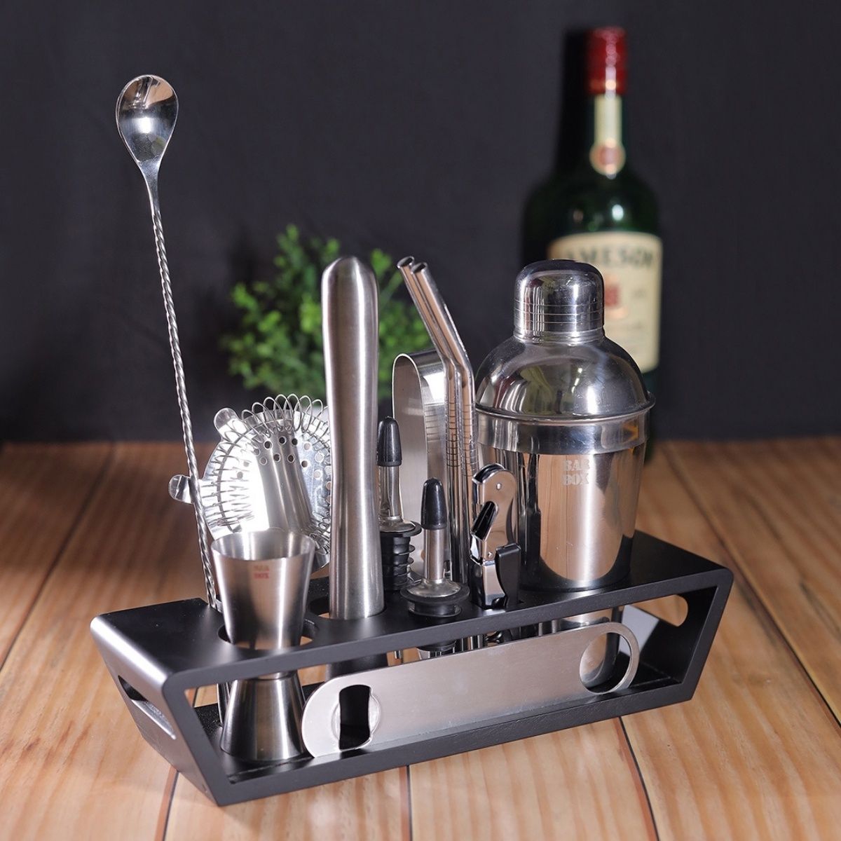 Bar Box 14-Piece Bar Tool Set Stylish Bamboo Stand Home Bartending Kit (Black - Silver)