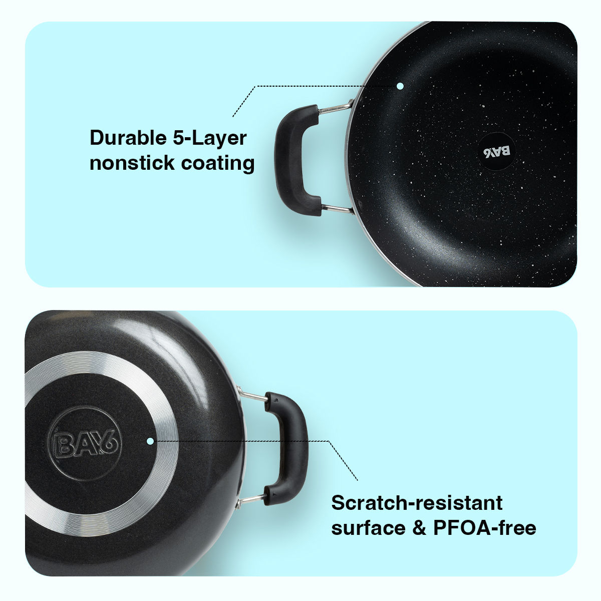BAY6 Nonstick Cookware Set - (Dosa Tawa 26 cm + Kadai with Lid 22 cm) - Grey - (2pc)