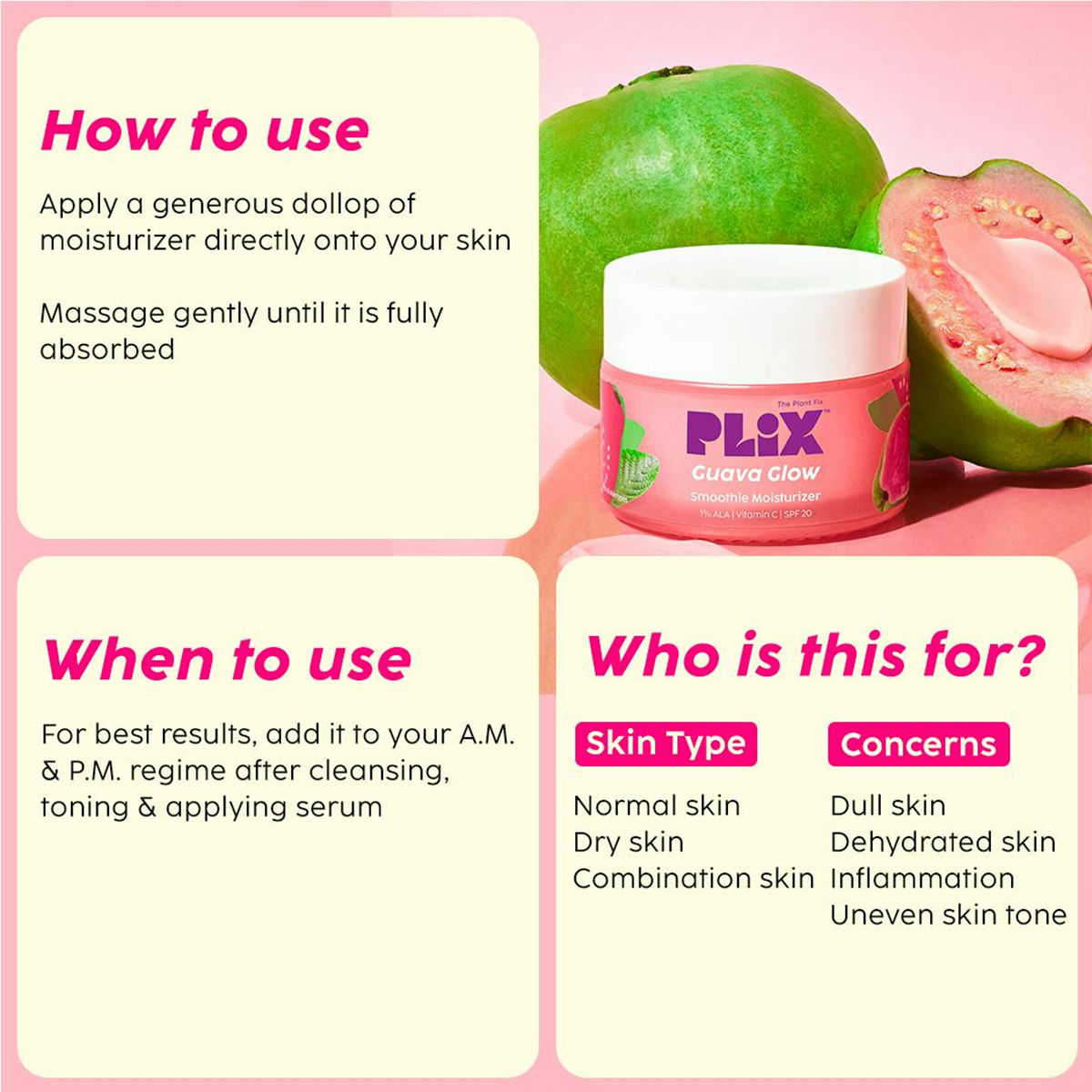Plix Guava Glow Smoothie Moisturizer For Brighter Skin With Vitamin C & ALA, Promotes Hydration