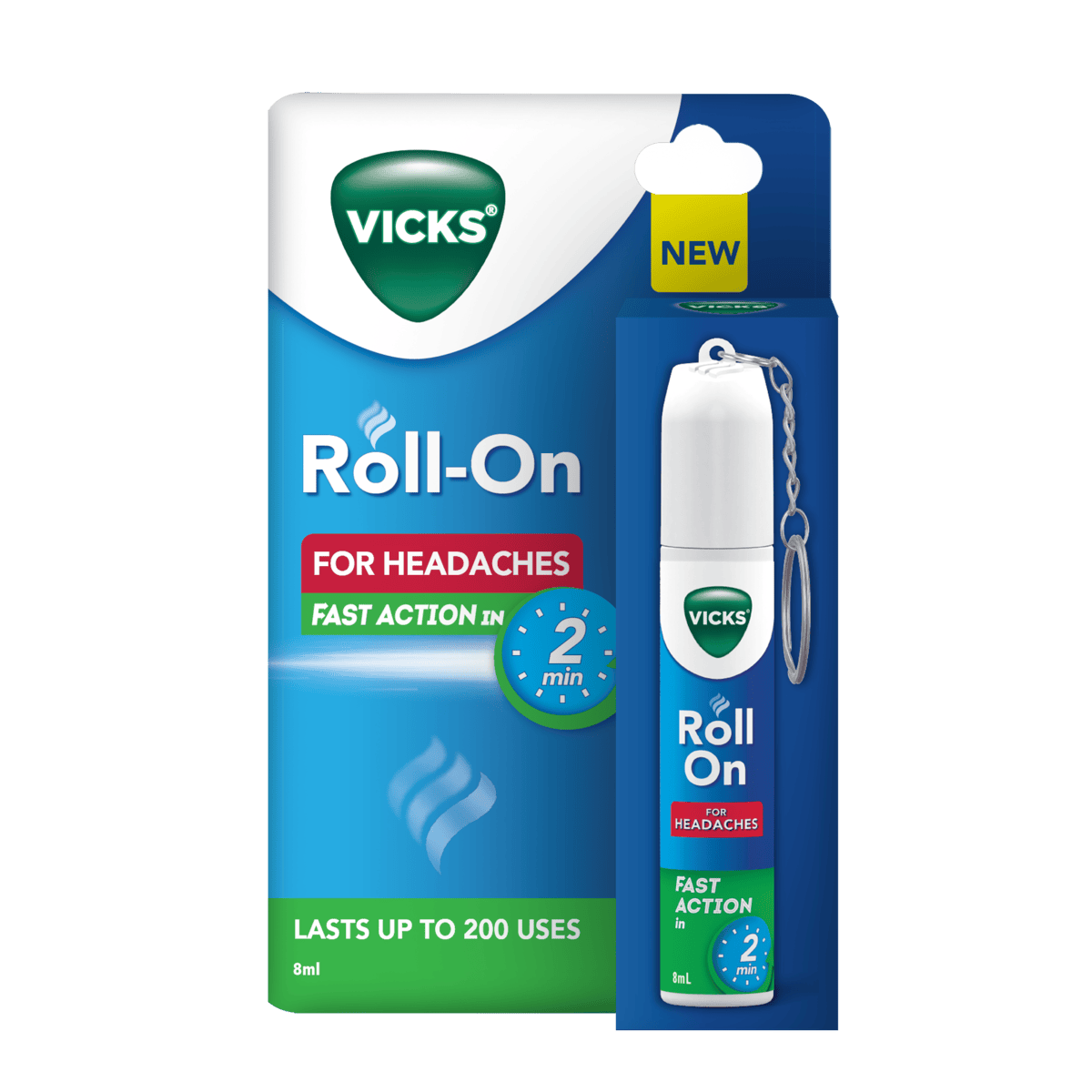 Vicks Headache Relief Roll-On with Keychain - Fast Action