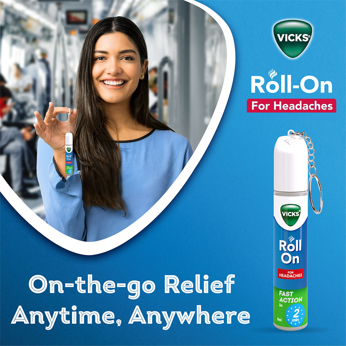 Vicks Headache Relief Roll-On with Keychain - Fast Action