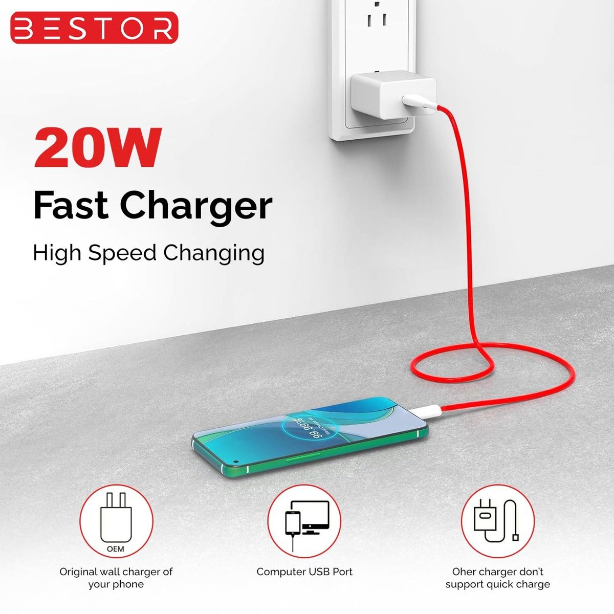 Bestor USB Type-C Cable Fast Charging | Data Sync USB-A to USB-C (Red, White)