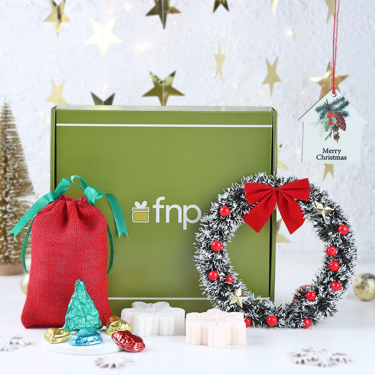 FNP Gift Ensemble | Box of Joy + Wreath + 2 candle + 1 Potli with chocolate + tabletop)