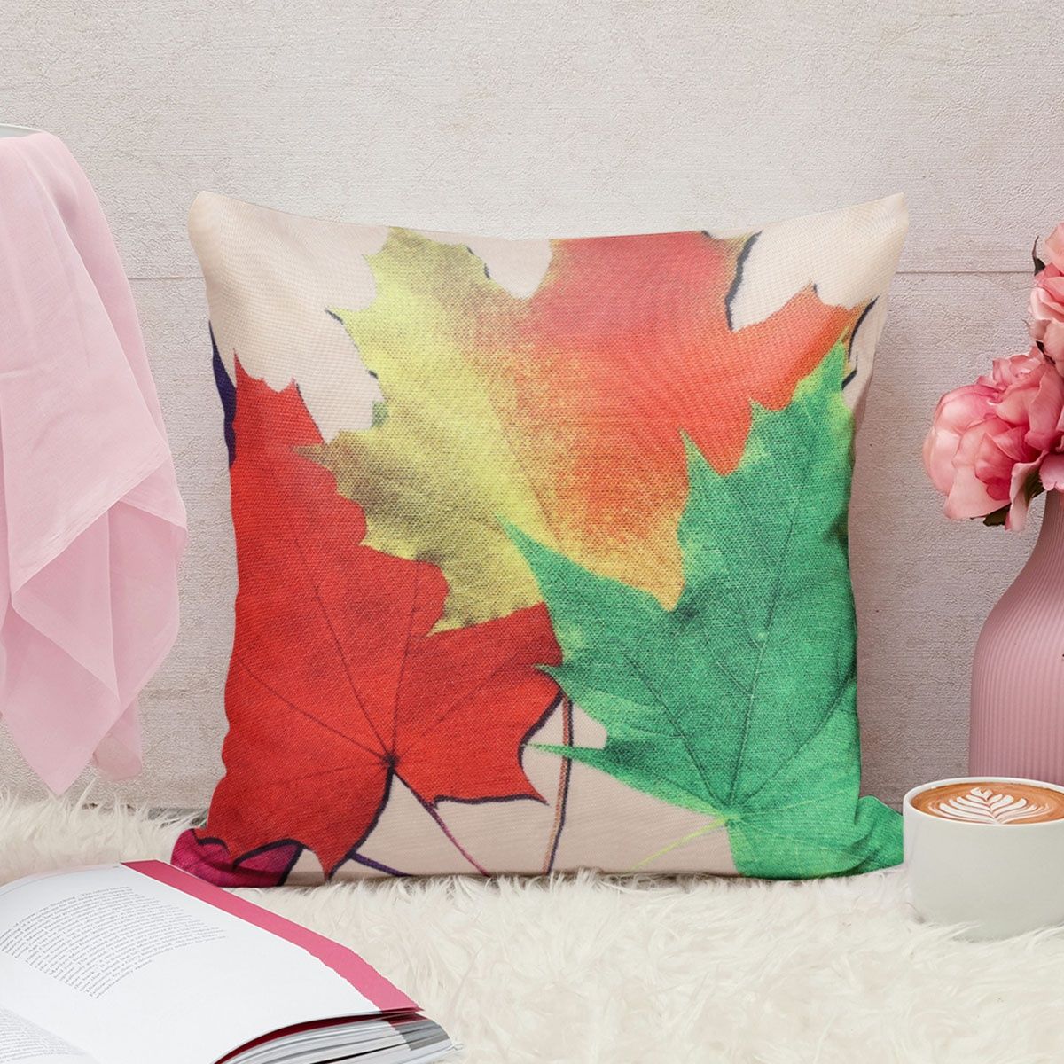 Romee Soft Polyester Jute Leaves Print Cushion Covers 16 x 16inch Set of 5 | Multicolor