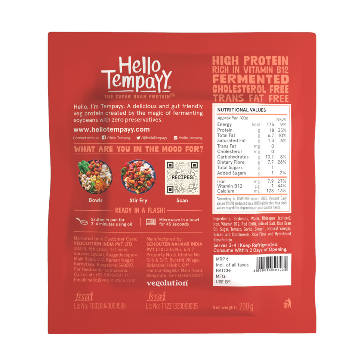Hello Tempayy 36g Protein Tempeh Cubes | Szechuan - Low Fat & High Fibre