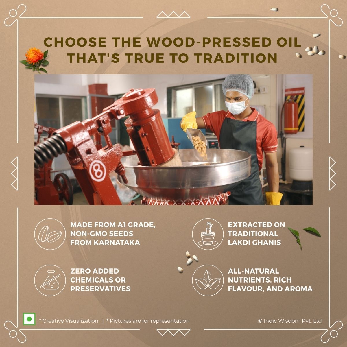 Indic Wisdom Wood Pressed Safflower Oil | Cold Pressed - Extracted on Wooden Churner