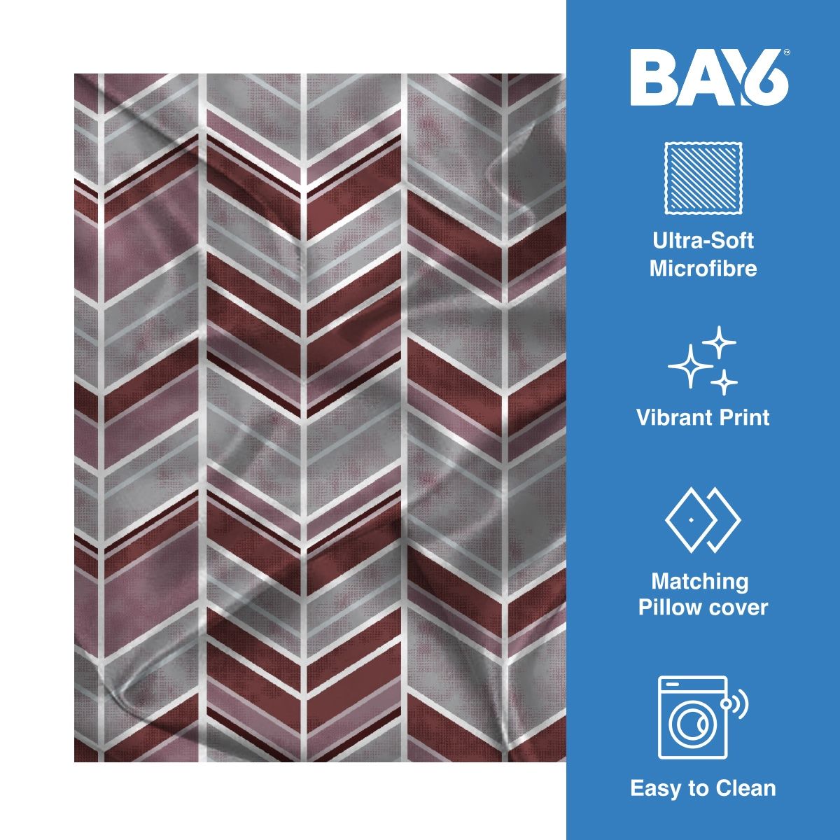 BAY6 Microfibre Geometric Print Single Bedsheet - Maroon & Grey | 150 x 220 cm + Pillow Cover
