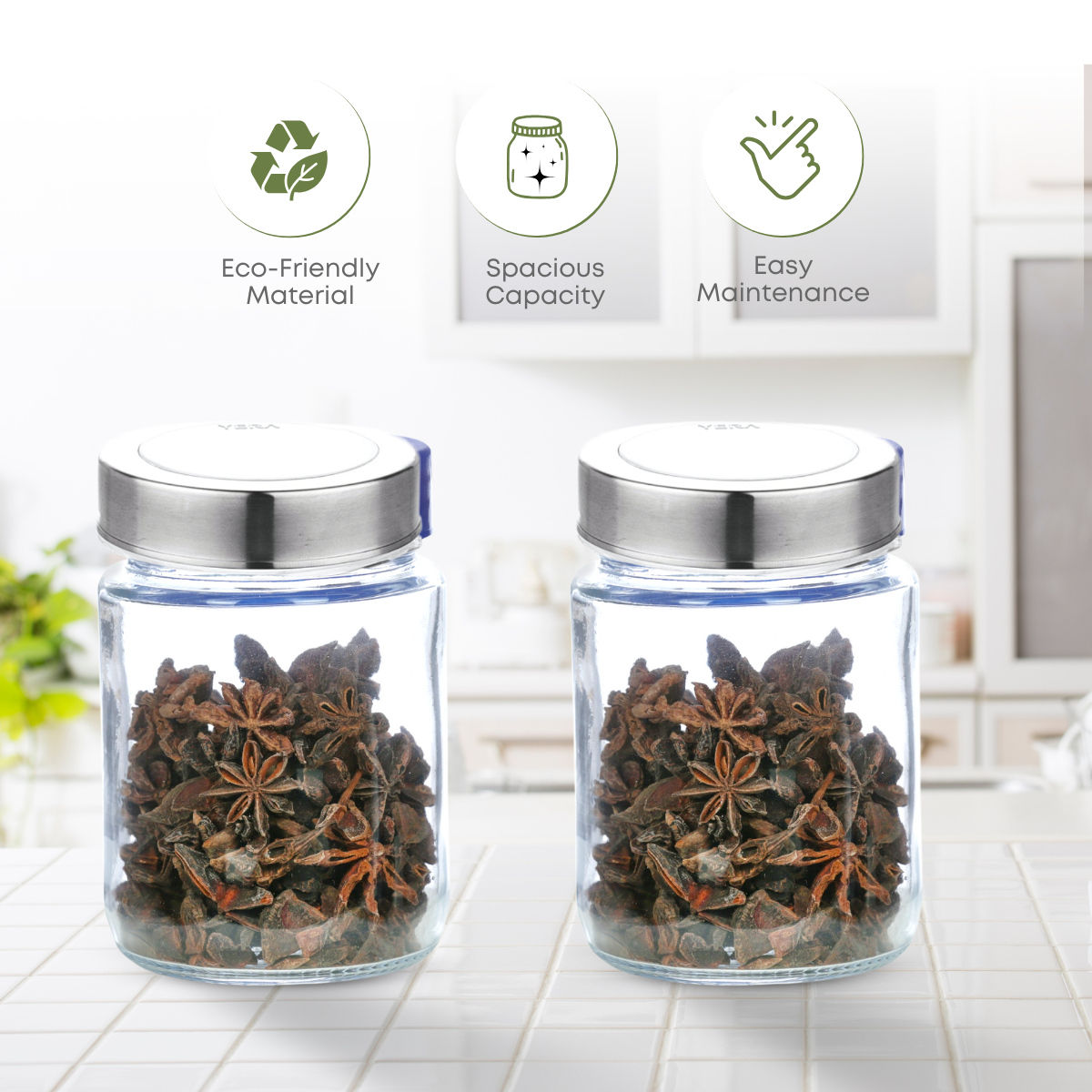 Yera Premium Round Glass Jar With Steel See - Thorugh Lids 2 pcs Jar Set 580 ml (Each)