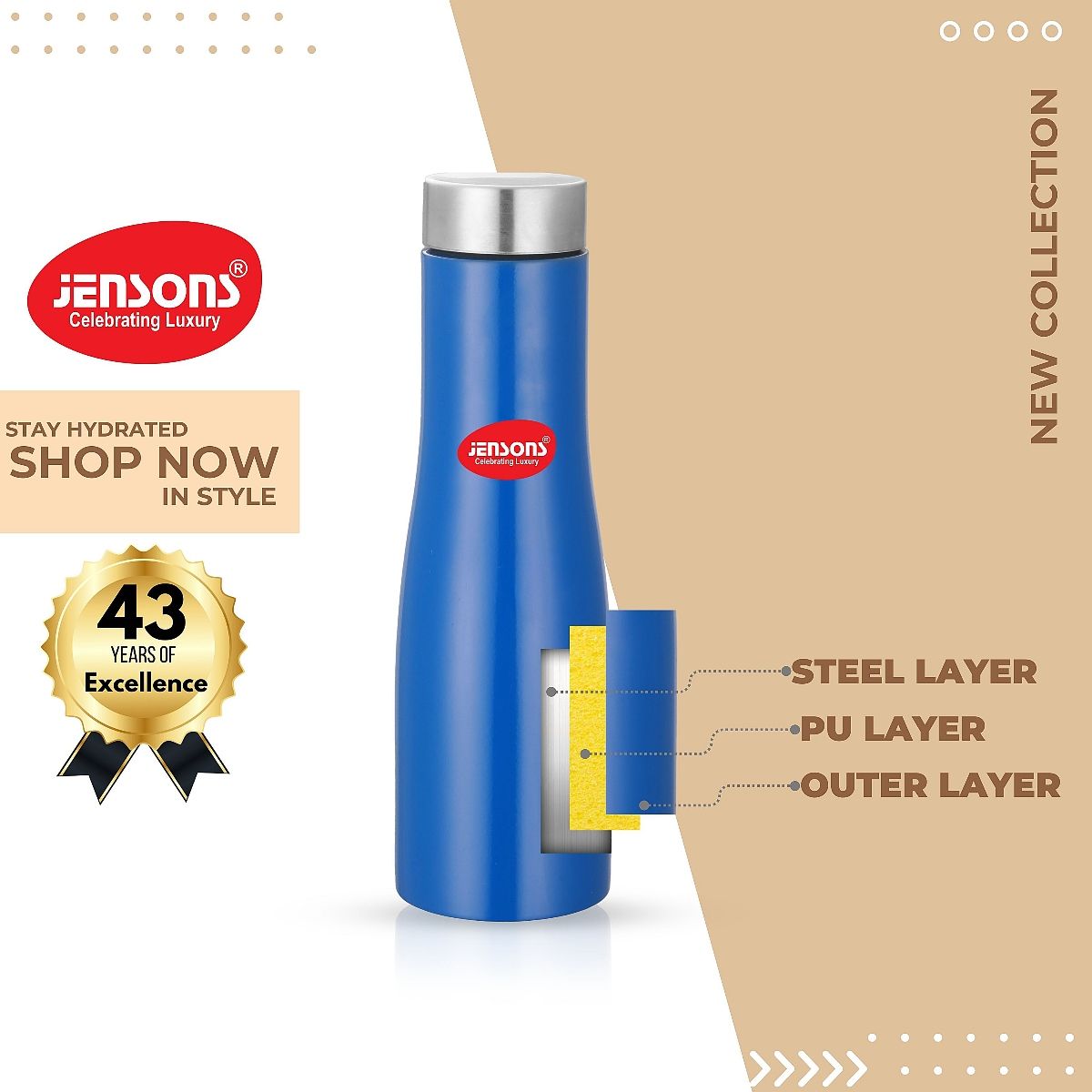 Jensons Stainless Steel Single Wall Flora 1 Bottle Liter | Blue - 1 L