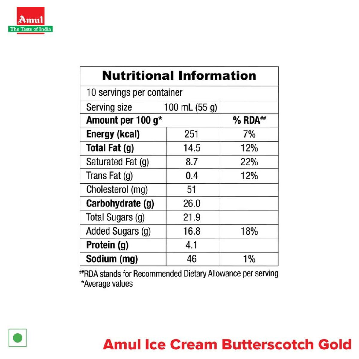 Amul Gold Butterscotch Ice Cream Tub 1 l Combo